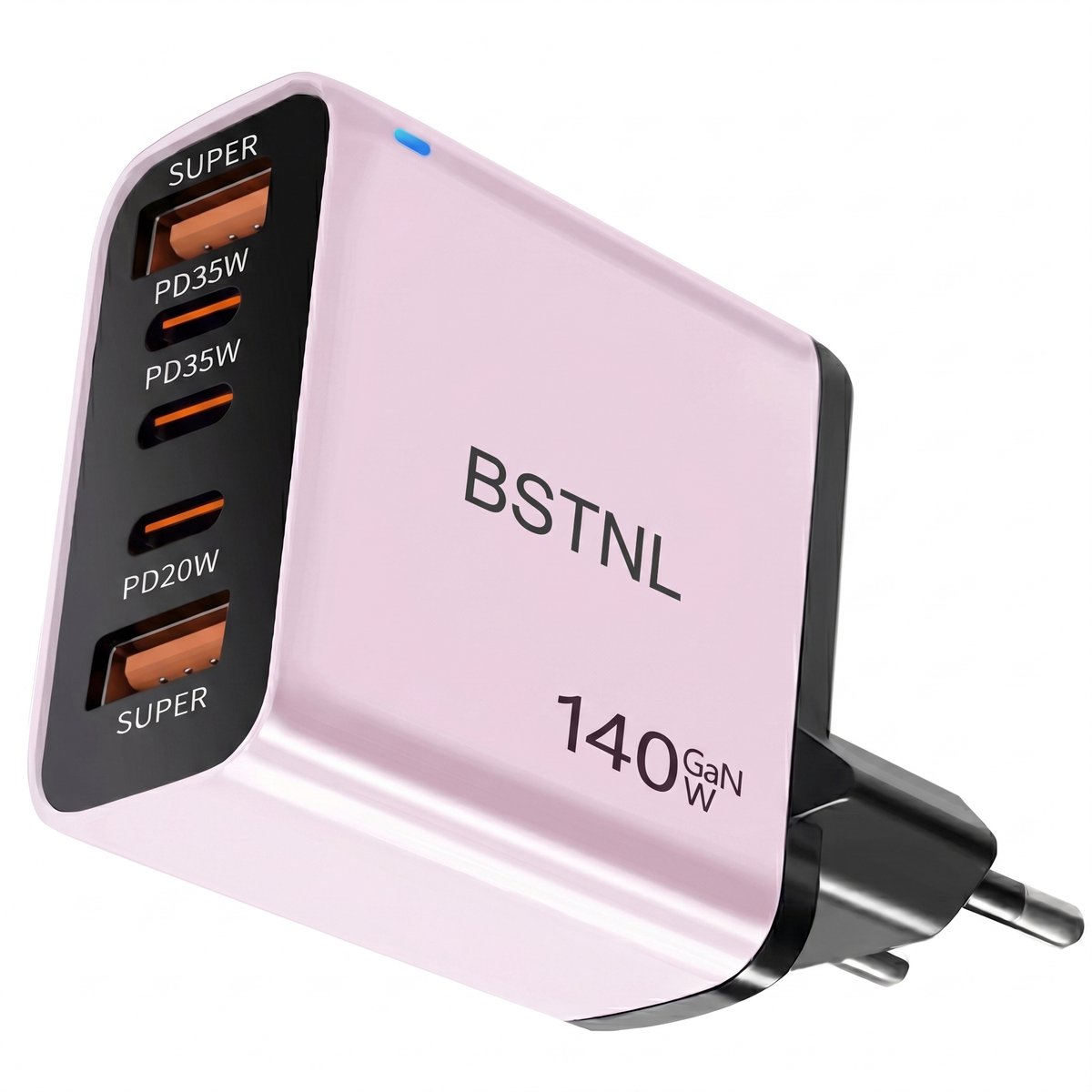 BSTNL 140W USB-C Snellader - Geschikt voor al jouw USB-C - GaN Oplader - Compact & Krachtig - 5 Poorten - Snelladen voor Laptop, Tablet & Smartphone - USB C Adapter - Roze