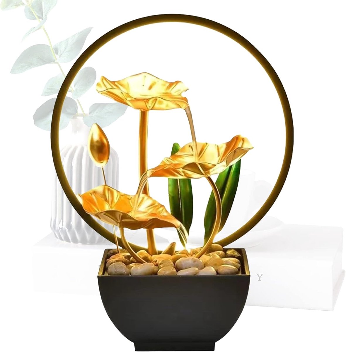 Room Fountain - Table Fountain met Verlichting - Waterval - Moderne Zen Decoratie met Stille Pomp - Ontspanning - Meditatie Decoratie voor Thuis - Kantoor - Tuin - Woonkamer - Hoogte 28 cm