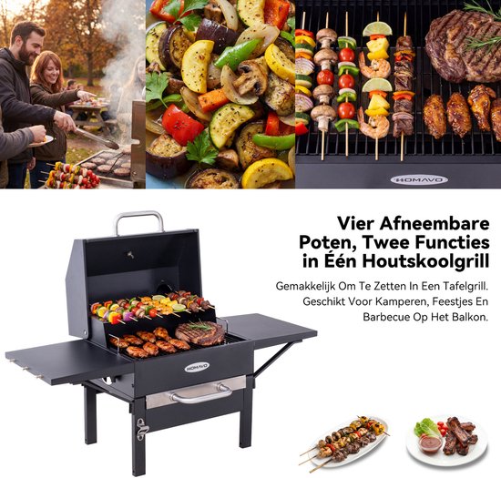 HOMAVO Houtskoolbarbecue, Barbecue met Deksel, Grilloppervlak: 45×32 cm, 2-standig in hoogte verstelbare kolenbak, Bijzettafel, Thermometer van Merkloos — afbeelding 5