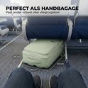Mintgroene handbagage tas van 40x30x20cm past onder de stoel van een vliegtuig.
