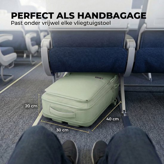 Mintgroene handbagage tas van 40x30x20cm past onder de stoel van een vliegtuig.