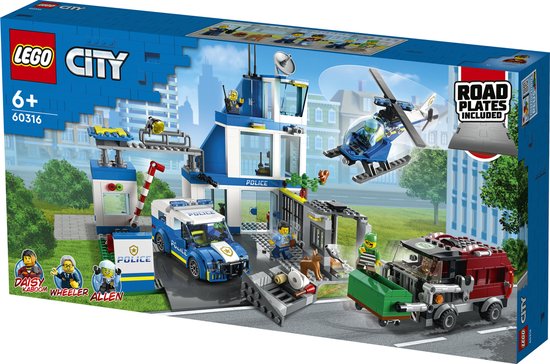 LEGO City Politiestation 60316: Politieauto, helikopter, gevangenis, truck en figuren.