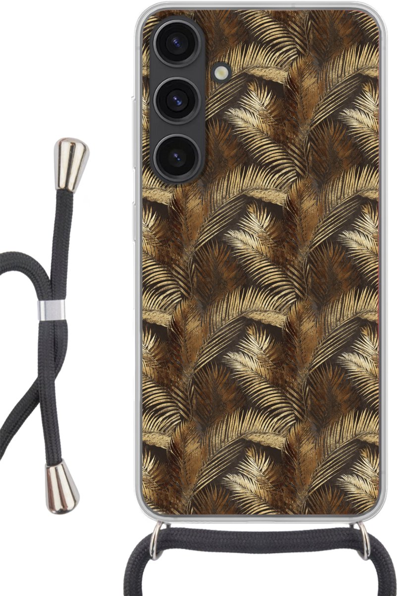 Telefoonhoesje Geschikt voor Samsung Galaxy S24 - Tropisch - Bladeren - Goud - Siliconen - Crossbody - Backcover met Koord - Telefoonhoesje met koord - Hoesje met touw Telefoonhoesje