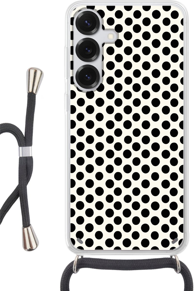 Telefoonhoesje Geschikt voor Samsung Galaxy S25 - Klassiek - Stippen - Zwart - Siliconen - Crossbody - Backcover met Koord - Telefoonhoesje met koord - Hoesje met touw Telefoonhoesje