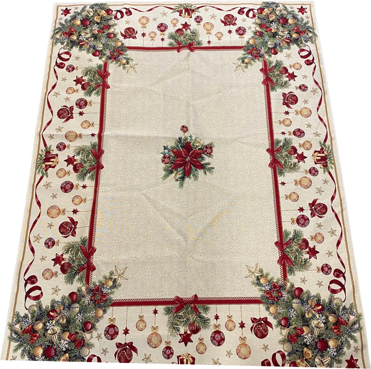 Tafelkleed - Gobelinstof - Kerst - Festive - Kerstballen - Linten - Rechthoek 140 x 180 cm