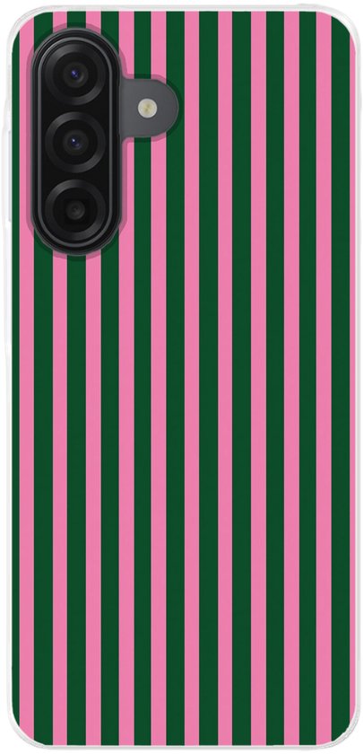Coque de téléphone à rayures verticales roses et vertes, avec découpe pour l'appareil photo.