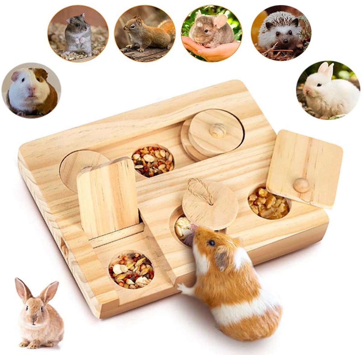 6-in-1 Houten Foerageerspeelgoed voor Knaagdieren - Interactieve Snackdispenser voor Konijnen, Cavia’s, Chinchilla’s, Ratten & Hamsters
