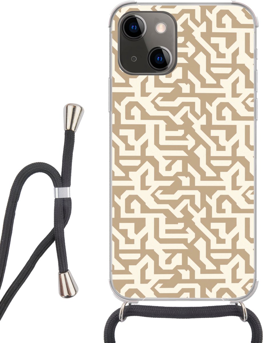 Telefoonhoesje Geschikt voor iPhone 13 Mini - Modern - Abstract - Beige - Siliconen - Crossbody - Backcover met Koord - Telefoonhoesje met koord - Hoesje met touw Telefoonhoesje