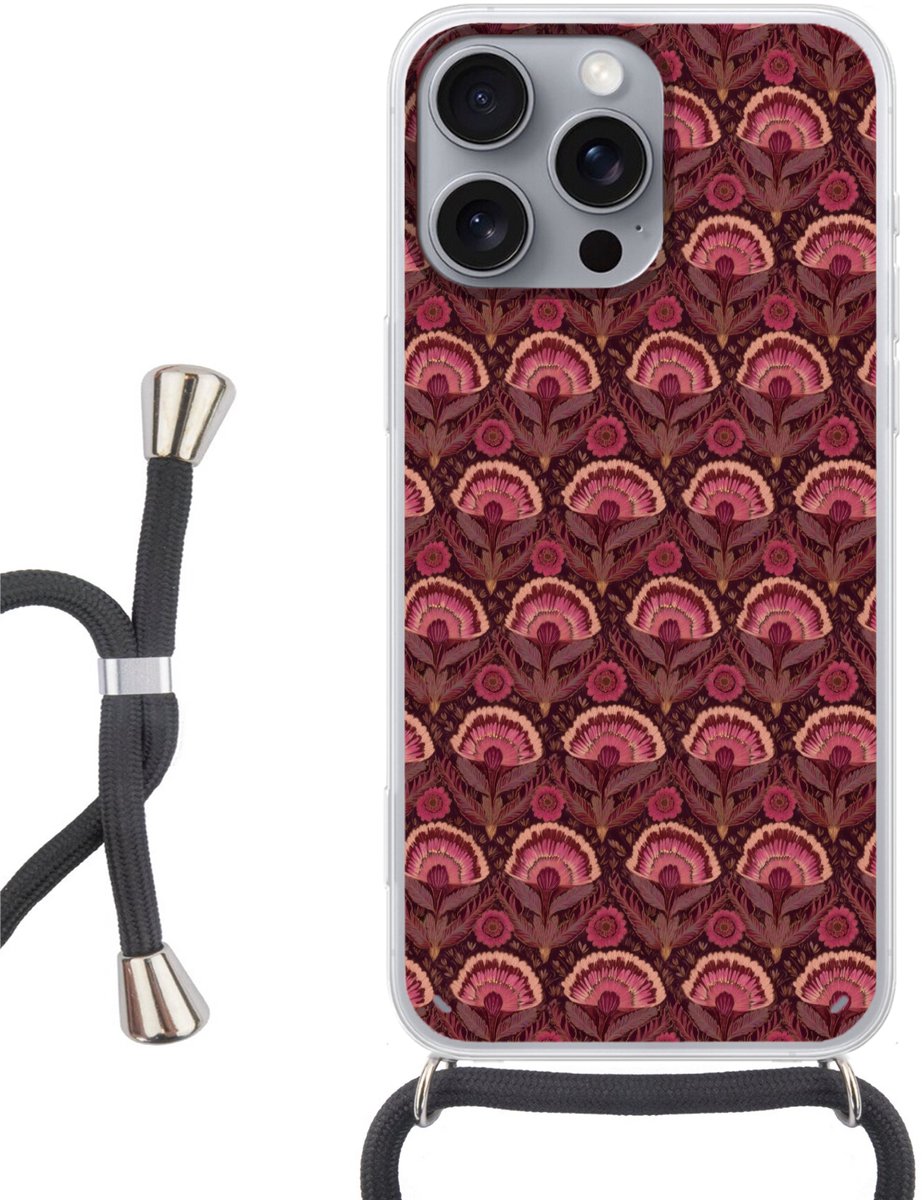 Telefoonhoesje Geschikt voor iPhone 16 Pro Max - Antiek - Bloemen - Kleurrijk - Siliconen - Crossbody - Backcover met Koord - Telefoonhoesje met koord - Hoesje met touw Telefoonhoesje