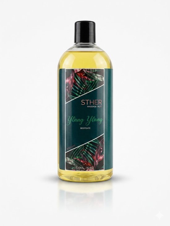 STHER massageolie Ylang Ylang met tropische bladeren op het label. 500ml fles.
