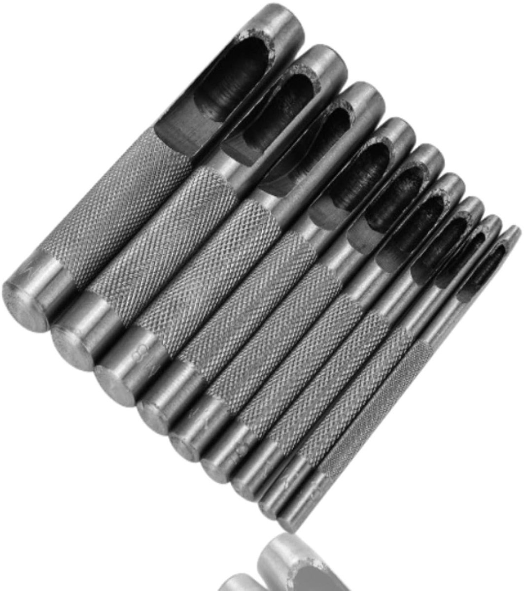 Complete Set van 9 Carbon Stalen Holle Leerponsen voor Horlogebanden, Kleding en Gaskets 2.5-10mm