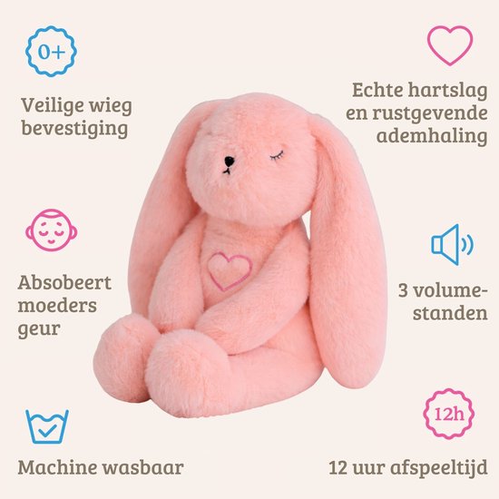 Lulla Bunny Slaapknuffel Roze – met natuurlijke hartslag & ademhaling – Slaaphulp – Werkt tot 12 uur – Hypoallergeen & Wasbaar – Voor Baby, Prematuur & Kind van Lulla doll — afbeelding 5