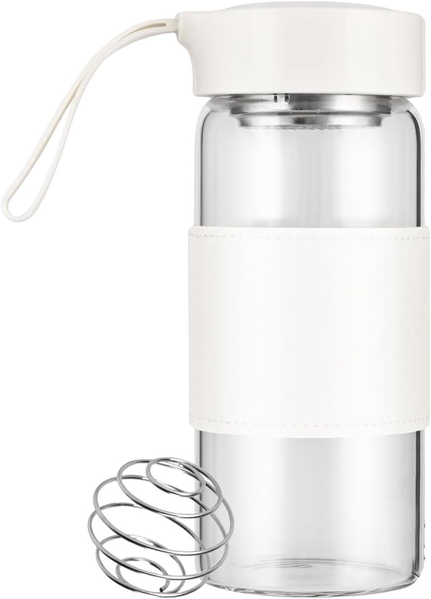 16oz BPA-vrij Shaker Glas met Geïntegreerde Zeef en RVS Mixbal voor Fitness en Eiwitshakes, Lekvrij en Geurloos (Wit - 1-pack)