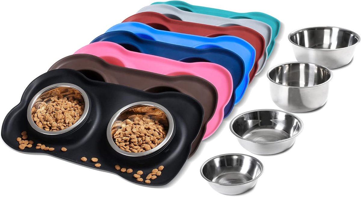 OLOEY Voer-en drinkbakken voor honden-2 stuks-roestvrij staal-met morsbestendige antislip siliconenmat-Geschikt voor kleine-middelgrote en grote honden-katten en puppy's (zwart)