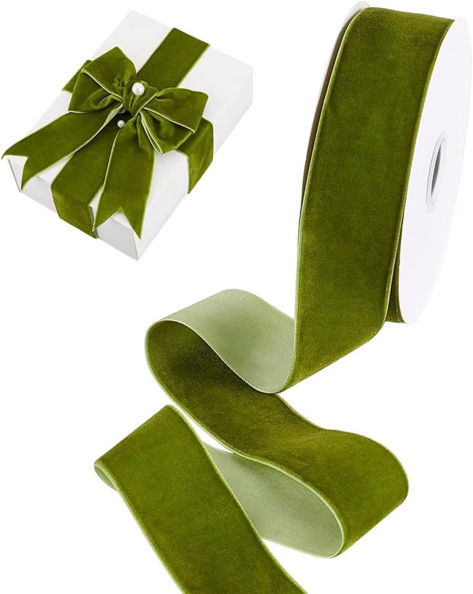10 meter olijfgroen fluwelen lint van 3.8 cm voor het maken van strikken, cadeauverpakking en feestdecoratie