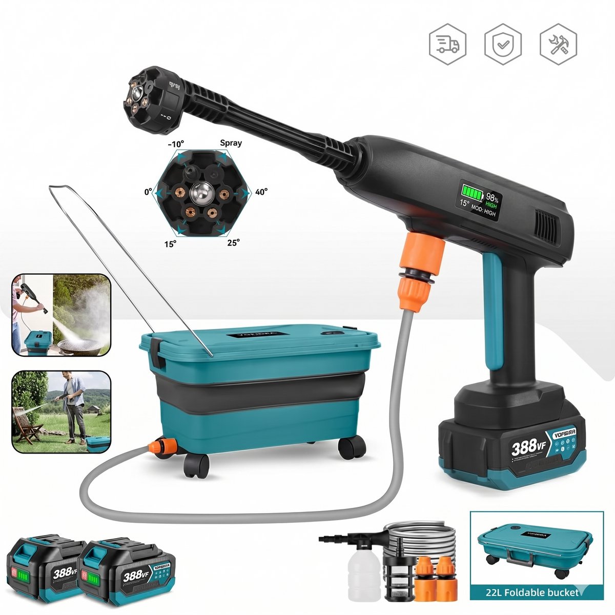 Elektrisch Hogedruk Waterspuitpistool - Draadloze Accu Hogedrukreiniger - 6-in-1 Sproeikopmodus - 100 Bar Waterdruk - 500W Kopermotor - 5 Meter Explosieveilige Waterslang - 22L Opvouwbare Emmer - 18-21V Makita Accu