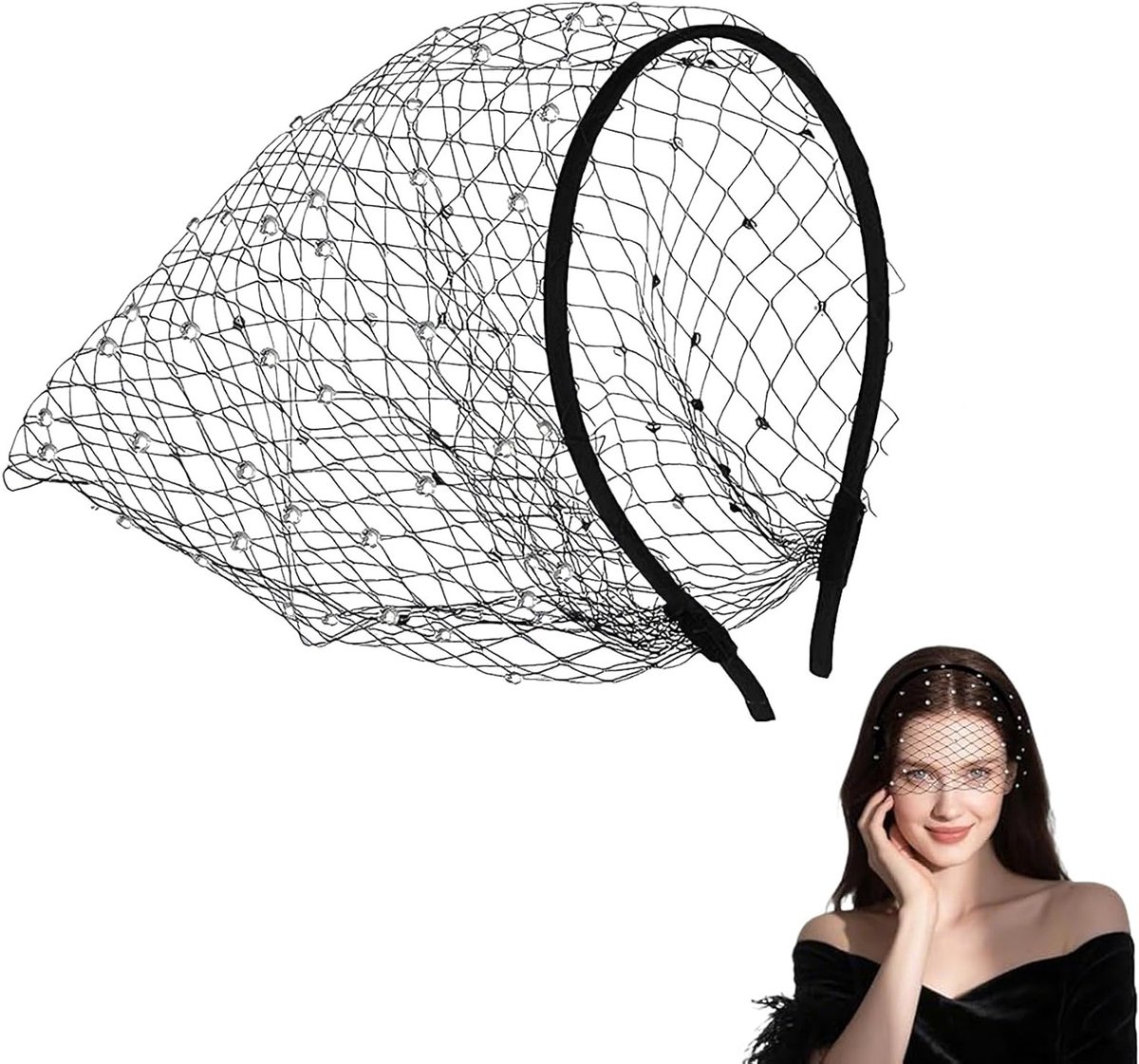 Elegante Vintage Fascinator Hoofdband met Strass voor Theeparty en Cocktailfeest - Zwart met Witte Diamanten Accenten