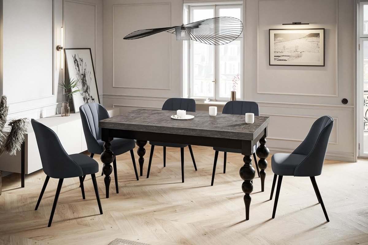 Uitschuifbare Eettafel 170-250 x 90 x 78,5 cm – Rechthoekige Moderne Eetkamertafel Grijs Eiken Houten Blad met Zwarte Poten – Laura