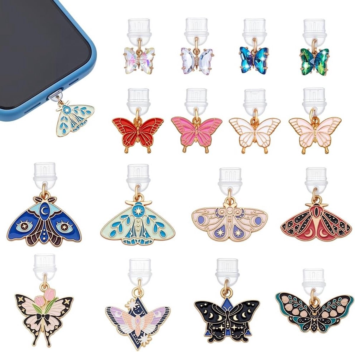 16 Stuks Vlinder Charms voor Kindle en Telefoon - Type C Oplaadpoorten, Stofdoppen en Decoratieve Hangers