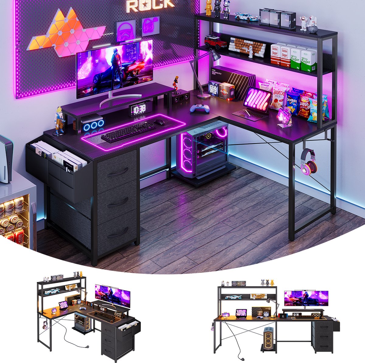 Gaming Bureau met LED Verlichting - 148x100x148 cm - L-Vormig Hoekbureau met Stopcontact - 3 Non Woven Lade - Gaming Desk - Computer Tafel - Gaming Tafel - met Opbergplanken, Tas & IJzeren Haak - Zwart - Bureau voor Gamen, Studeren en Werken thumbnail 6