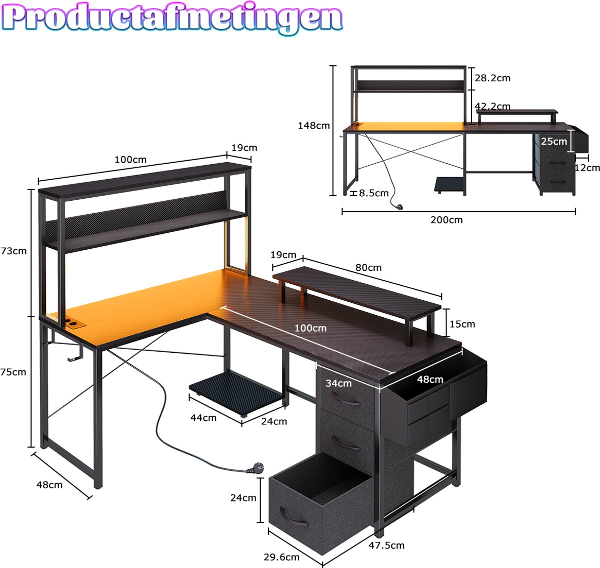 Gaming Gaming L-Vormig Bureau met LED - afbeelding 2