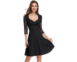 Dames zomerjurk cocktailjurk kanten jurk vintage wikkeljurk met V-hals elegante feestjurk met 3/4 mouwen voor bruiloften en avondgelegenheden zwart L