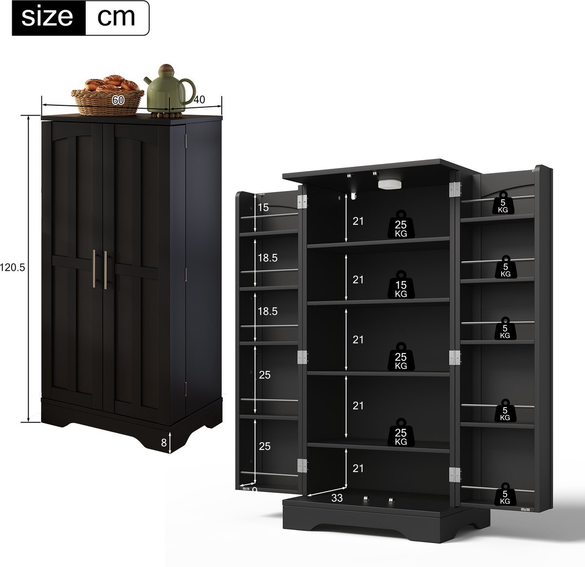 Intebiki keukenkast - keukeneiland - buffetkast - keukenkast organizer - 120 x 60 x 40 cm – met led – opbergkast – met verstelbare planken en deurrekken – geschikt voor de keuken, eetkamer of woonkamer – apothekerskasten – zwart — cadeau in Cadeau-ideeën - foto 6