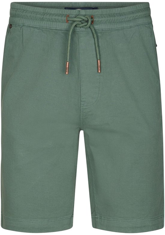 Groene chino shorts met trekkoord en koperkleurige details.