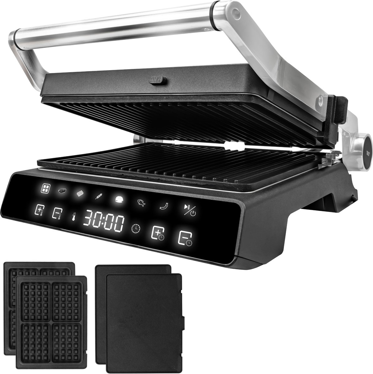 AoraKitchen Contactgrill - 180º Uitklapbaar - Grill Apparaat met 6 Uitneembare Platen - Wafelijzer - Tosti Ijzer - 2000W