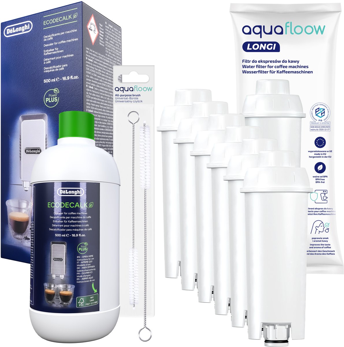 Aquafloow, 6x waterfilter voor koffiezetapparaten, filterpatroon compatibel met Delonghi SER3017 DLS C002, + 1x ontkalker, DeLonghi EcoDacalk 500ml + 1x reinigingsborstel, set