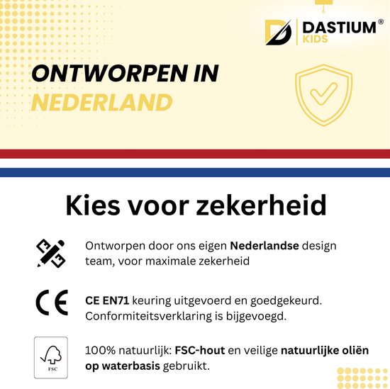 Houten leertoren met keurmerk 'Ontworpen in Nederland' en CE EN71 keuring.