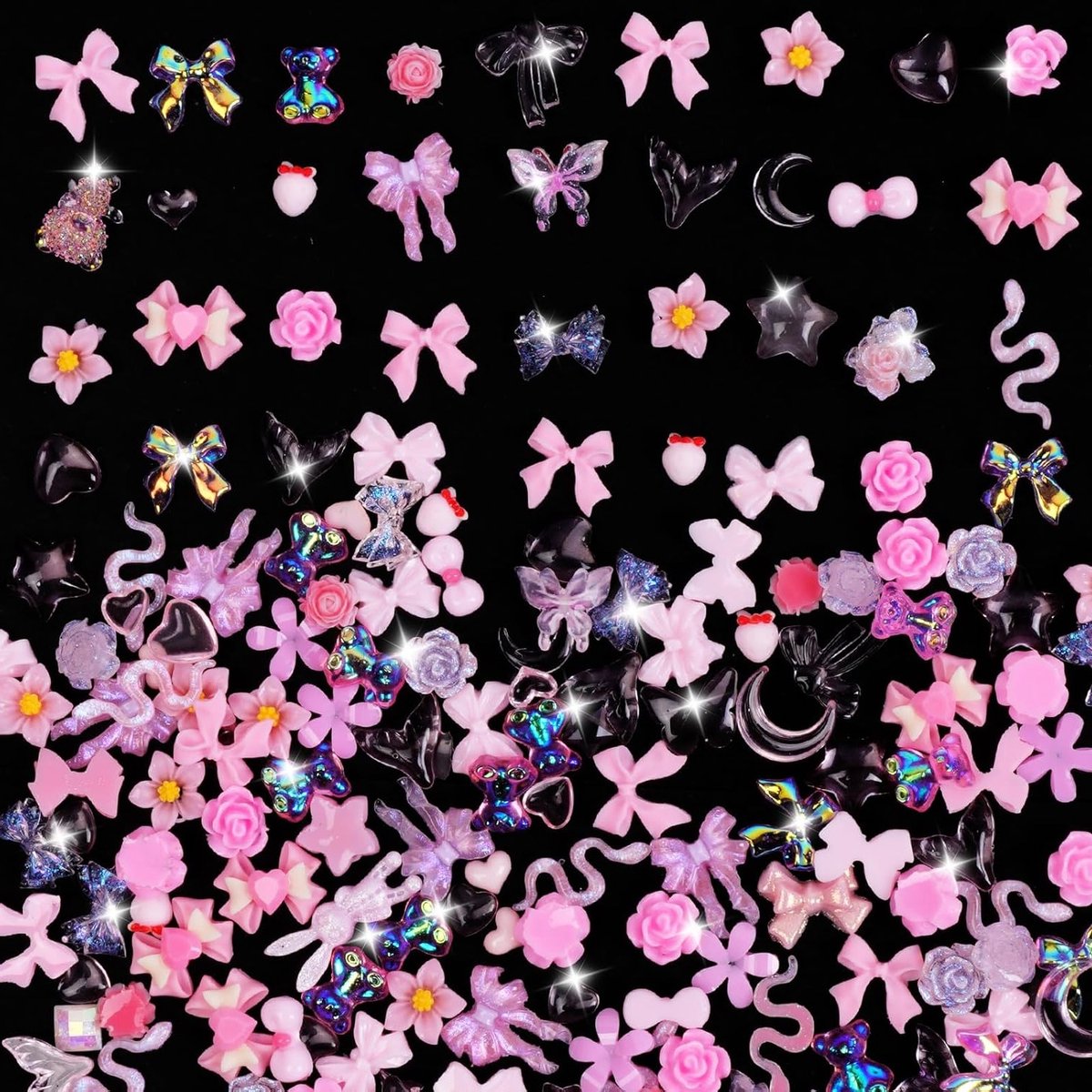200 Stuks 3D Nagel Charms in Roze Mix - Multi Shapes voor Nagelkunst, DIY en Creatieve Projecten met Strikken, Harten, Sterren en Bloemen