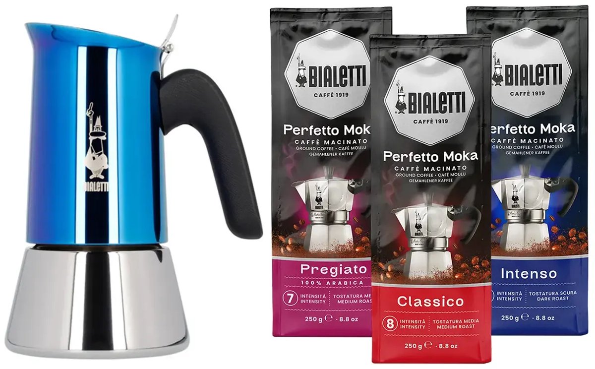 Bialetti Venus Blue Percolator 6 kops + Bialetti koffiepakket 3 x 250gr