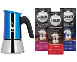 Bialetti Venus Blue Percolator 6 kops + Bialetti koffiepakket 3 x 250gr