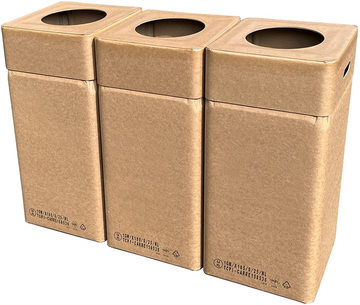 Afvalbak voordeelset 3 kartonnen afvalbakken voor afvalscheiding afm.: 37x37 cm hoog 80 cm inhoud 105 ltr