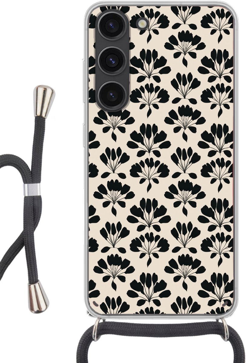 Telefoonhoesje Geschikt voor Samsung Galaxy S23 - Abstract - Patroon - Zwart - Siliconen - Crossbody - Backcover met Koord - Telefoonhoesje met koord - Hoesje met touw Telefoonhoesje