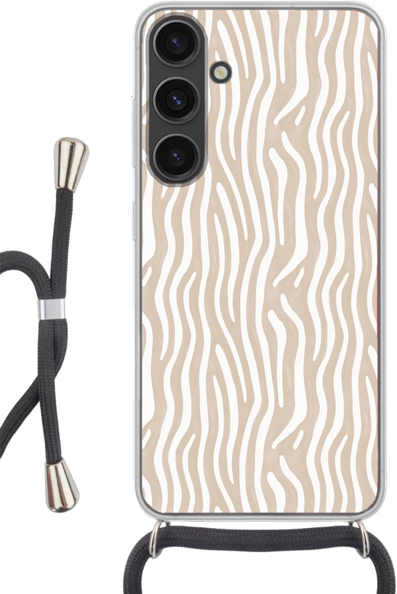 Telefoonhoesje Geschikt voor Samsung Galaxy S24 Plus - Abstract - Zebra - Beige - Siliconen - Crossbody - Backcover met Koord - Telefoonhoesje met koord - Hoesje met touw Telefoonhoesje