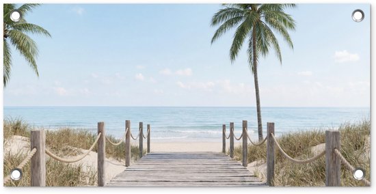 Tuinposter 60x30 cm - Tuindecoratie Palmbomen - Pad - Horizon - Poster voor in de tuin - Buiten decoratie - Schutting tuinschilderij - Tuindoek muurdecoratie - Wanddecoratie balkondoek