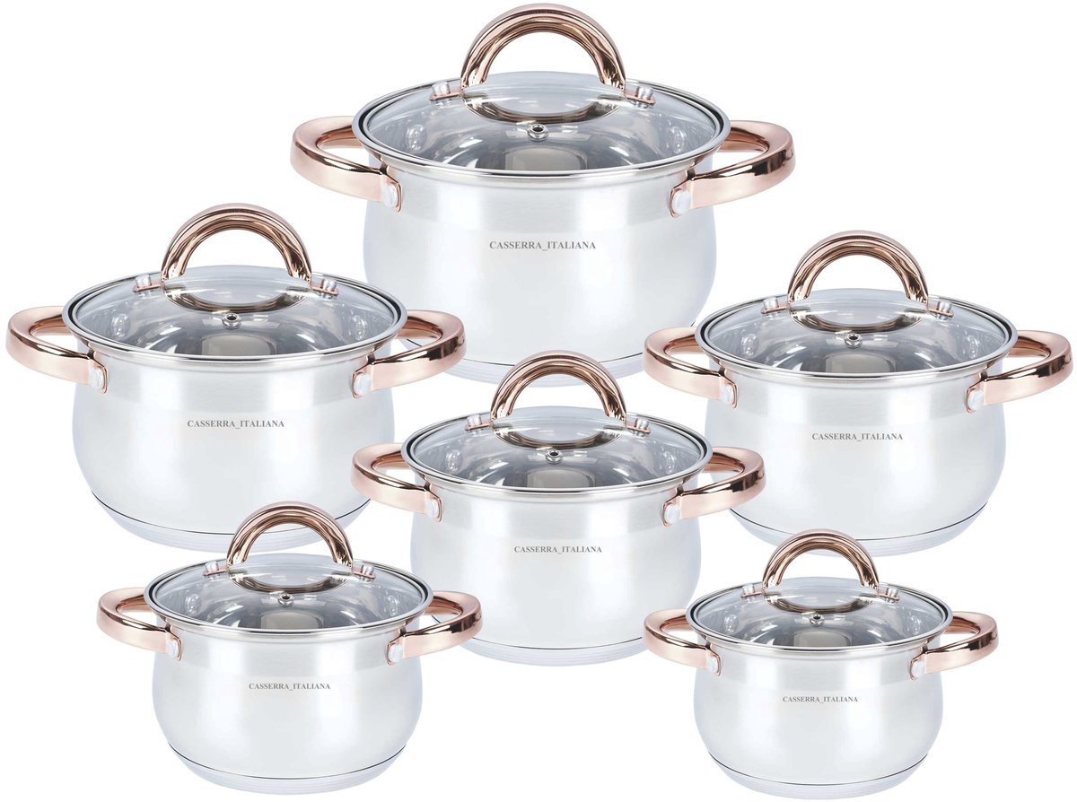 RVS Pannenset 12-delig – Inductie Geschikt – 5-Laags Bodem – Met Glazen Deksels – Koperkleurige Handgrepen – Casserra Italiana