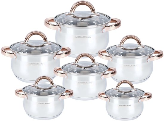 Set de casseroles en acier inoxydable 12 pièces – Compatible induction – Fond à 5 couches – Avec couvercles en verre – Poignées couleur cuivre – Casserra Italiana
