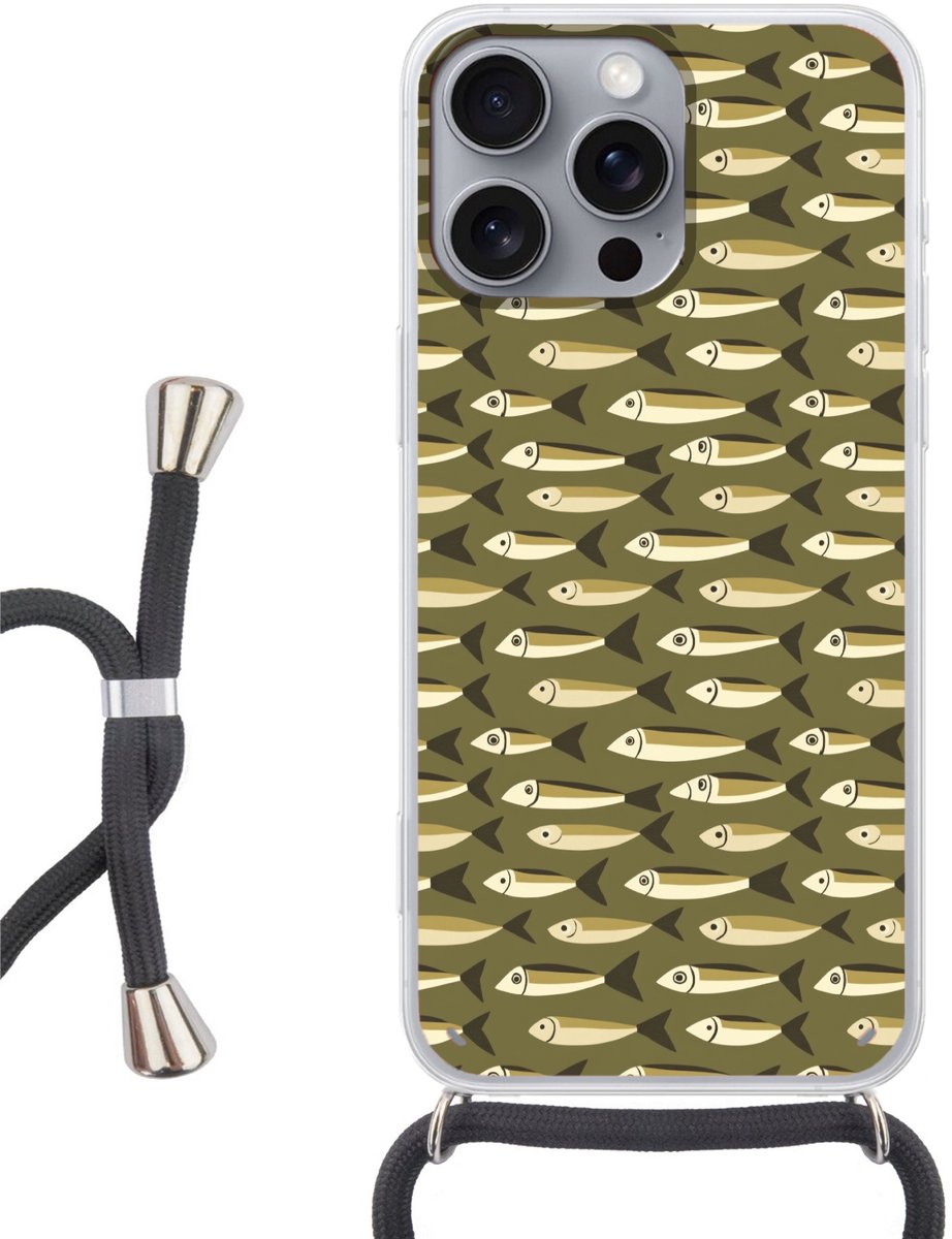 Telefoonhoesje Geschikt voor iPhone 16 Pro Max - Vis - Patroon - Groen - Siliconen - Crossbody - Backcover met Koord - Telefoonhoesje met koord - Hoesje met touw Telefoonhoesje