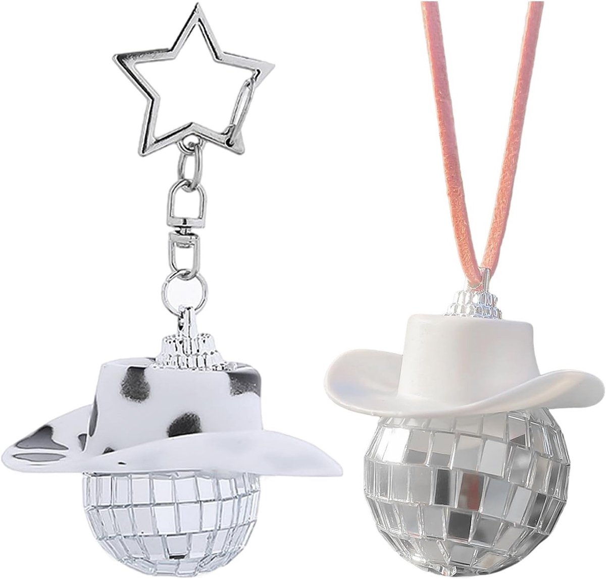 Schattige autoaccessoires met discobal, cowboyhoed en sleutelhanger - grappige autodecoratie en cadeaus voor mannen en vrouwen, perfect voor het versieren van je voertuig met unieke accessoires.