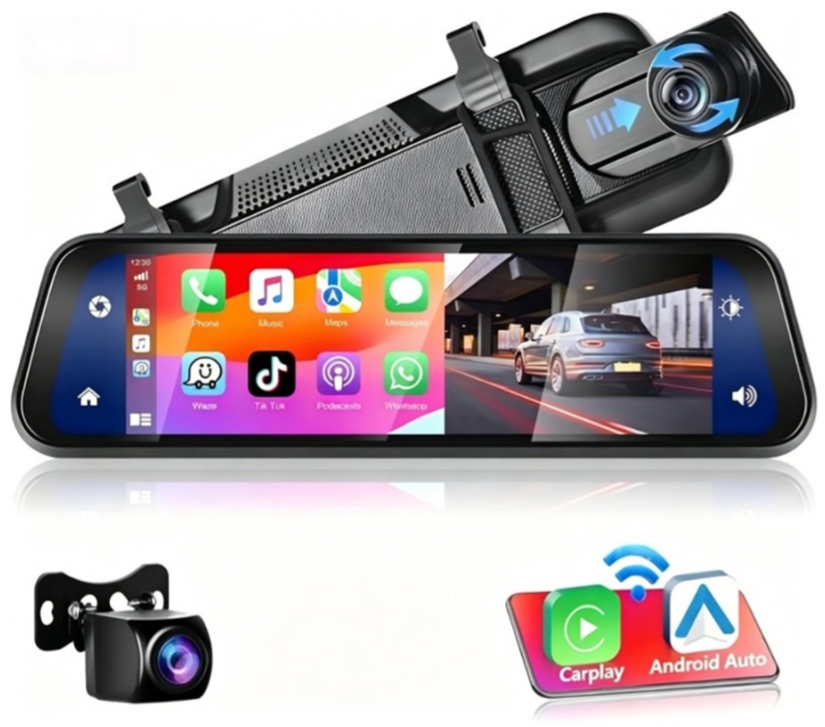 HD-achteruitkijkspiegel-dashcam - met draadloze Apple CarPlay- en Android Auto-functionaliteit - 9,66 inch - 1080p - IPS-touchscreen - Dashcam met twee schermen - Bluetooth + AHD-achteruitrijcamera - wifi