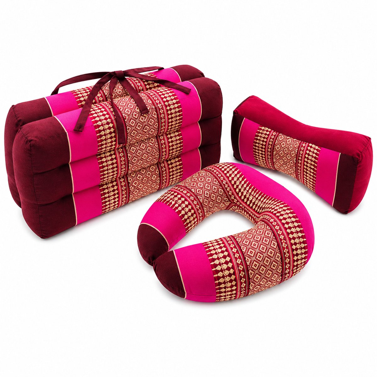 Meditatieset 3-delig roze – hard & stevig kapok – draagbaar meditatiekussen + nek- en bone kussen – opvouwbaar yoga zitkussen met handvat