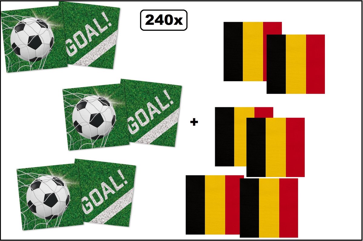 120x Servetten Voetbal 33cm x 33cm + 120x Servetten Belgie 33cm x 33cm - 3 laags - MIX - WK Servet diner eten knoeien restaurant BBQ thema feest verjaardag feest