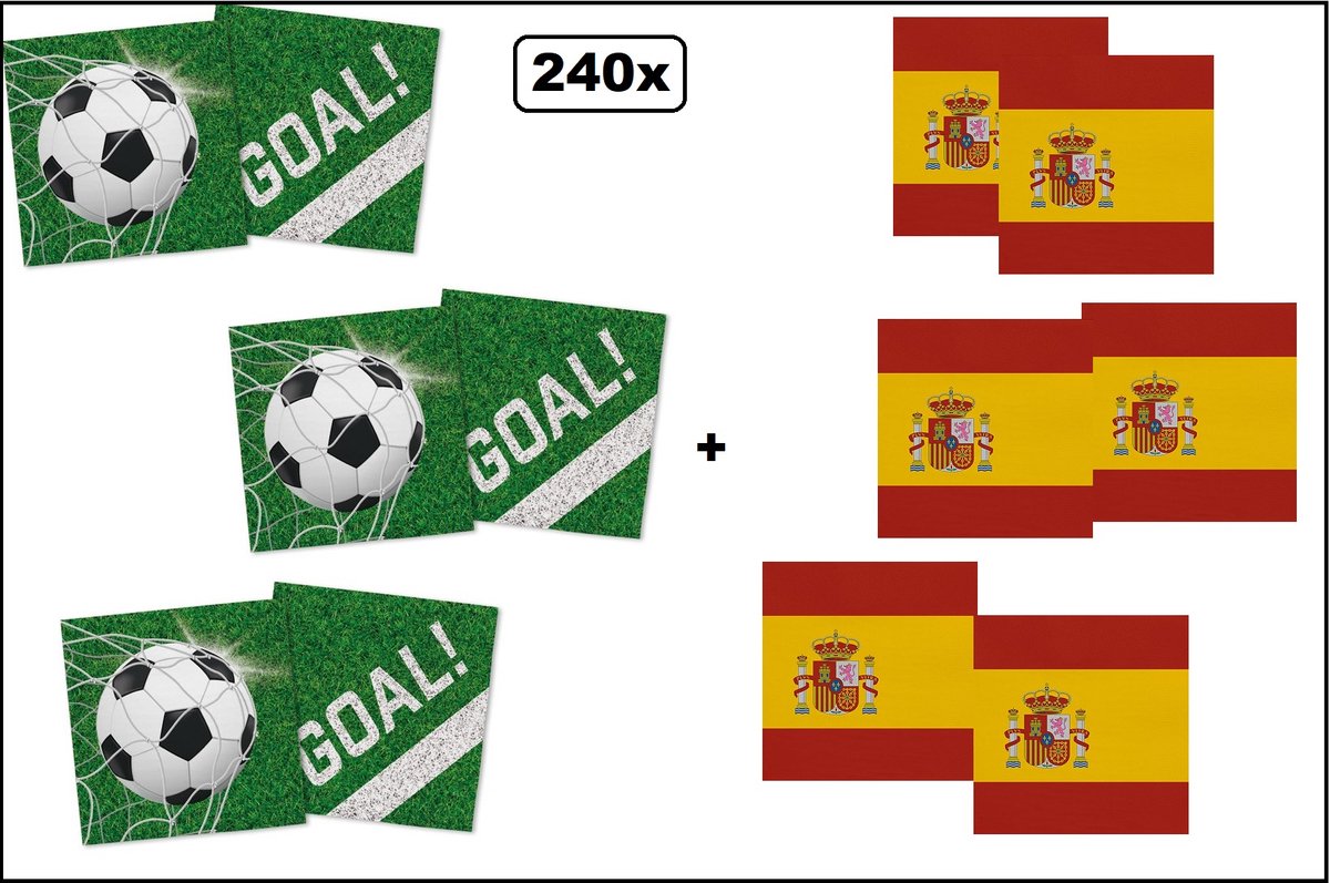 120x Servetten Voetbal 33cm x 33cm + 120x Servetten Spanje 33cm x 33cm - 3 laags - MIX - WK Servet diner eten knoeien restaurant BBQ thema feest verjaardag feest