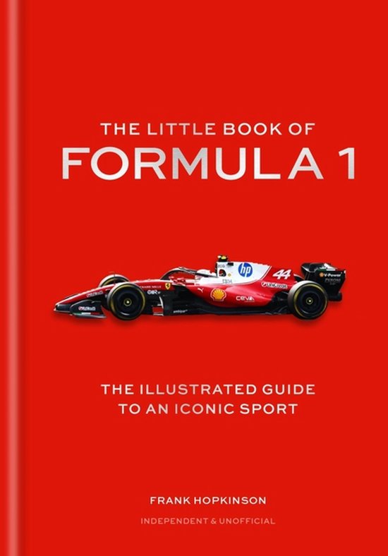De voorkant van het boek 'The Little Book of Formula 1', met een illustratie van een rode en witte F1 auto.