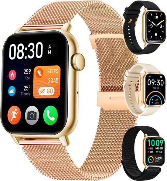 Gouden smartwatch met mesh bandje toont 8:30, stappen, kcal en weer. Losse bandjes: goud staal, zwart silicone, beige silicone. Zwart bandje toont tijd.