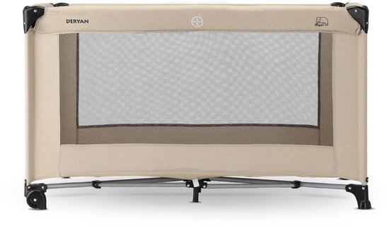Beige Deryan campingbedje met gaaswanden en een rode rits, op poten.