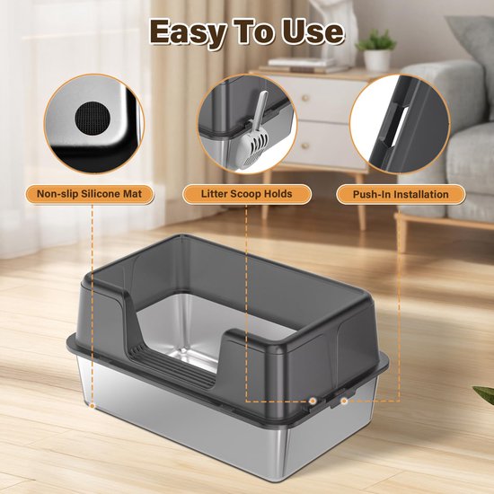 Kattenbak XXL RVS - Kattenbak Groot Half Open - Katten Toilet met Hoge Rand en Zeef - Inclusief Schep en Anti-Slip Mat - 60x40x31,5 cm